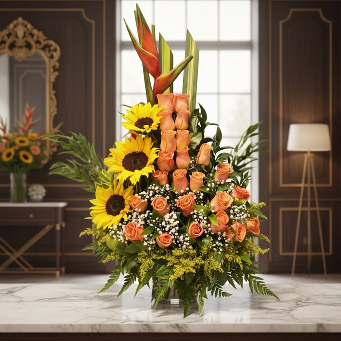 Arreglo floral exótico Intocable con rosas naranjas, girasoles vibrantes y aves del paraíso, sobre mármol en un elegante lobb