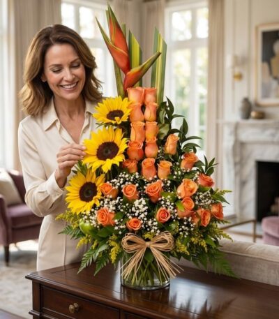 Mujer elegante admirando un Arreglo Floral Exótico Intocable con girasoles, rosas naranjas y ave del paraíso en un lujoso int