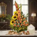 Arreglo floral exótico Intocable con girasoles, rosas naranjas y aves del paraíso en un jarrón de cristal, sobre una mesa de