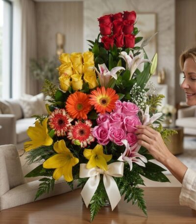 Mujer elegante admirando y tocando delicadamente un Arreglo Floral Exótico Paraíso con rosas rojas, amarillas, gerberas y lir