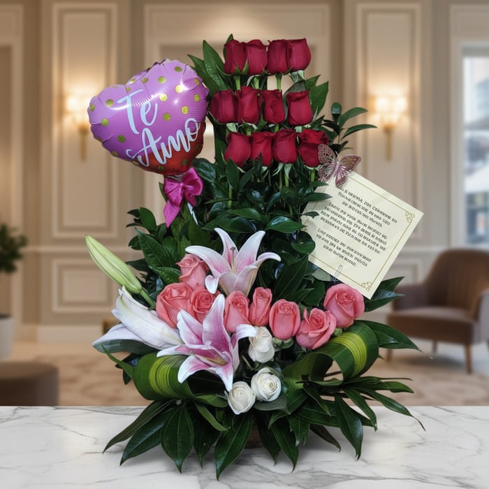Arreglo floral exótico primaveral con lirios blancos y rosas rosadas, rosas rojas en la parte superior, globo de corazón 'Te
