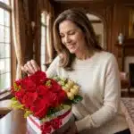 Mujer elegante admirando un Arreglo Floral Exótico Secreto en forma de corazón con rosas rojas, follaje amarillo y chocolates