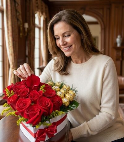 Mujer elegante admirando un Arreglo Floral Exótico Secreto en forma de corazón con rosas rojas, follaje amarillo y chocolates