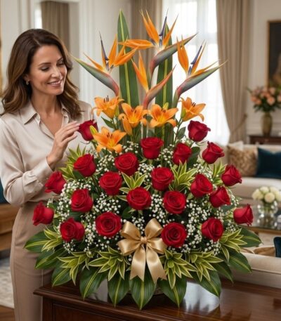 Mujer elegante admirando con deleite el Arreglo Floral Exótico Tucana, con rosas rojas, lirios naranjas y aves del paraíso, e