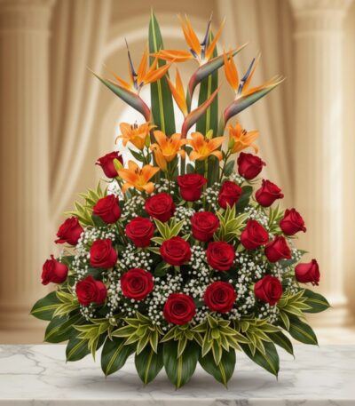 Arreglo floral exótico Tucana con rosas rojas, lirios naranjas y aves del paraíso, sobre mármol en un lobby elegante.