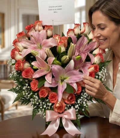 Mujer elegante admirando un arreglo floral de rosas salmón y lirios rosados, con un moño rosa y tarjeta de agradecimiento, en