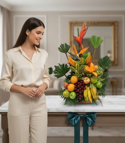 Mujer elegante admirando un Arreglo Floral con Frutas Alfa, destacando flores exóticas, frutas frescas y un moño verde en un