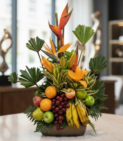 Arreglo floral exótico 'Bahamas' con aves del paraíso, lirios naranjas, hojas tropicales, uvas, manzanas, peras, naranjas y p