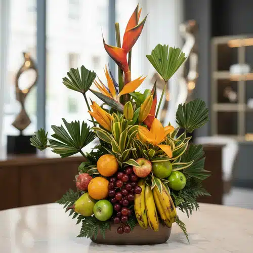 Arreglo Floral con Frutas Bahamas: Exótico y Fresco para Regalar Arreglo floral exótico 'Bahamas' con aves del paraíso, lirios naranjas, hojas tropicales, uvas, manzanas, peras, naranjas y p