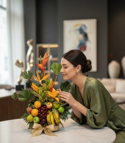Mujer elegante oliendo un Arreglo Floral con Frutas Bahamas, destacando flores exóticas y frutas frescas en un ambiente lujos