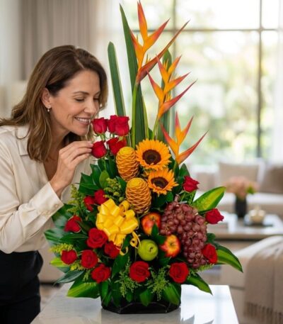 Mujer elegante admirando y oliendo un Arreglo Floral con Frutas Durio, que incluye rosas rojas, girasoles, aves del paraíso,