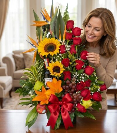 Mujer elegante admirando un Arreglo Floral con Frutas Especial, que incluye girasoles, rosas rojas, aves del paraíso, uvas, m