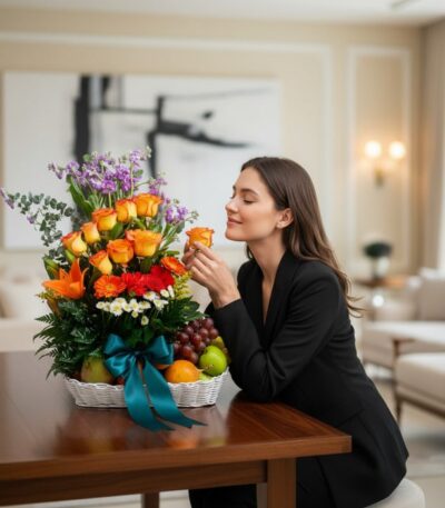 Mujer elegante oliendo una rosa naranja de un Arreglo Floral con Frutas Hadar, en un lujoso interior de hogar con luz natural