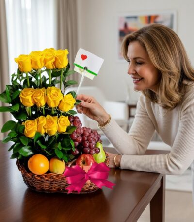 Mujer elegante admirando un Arreglo Floral con Frutas Paraíso, compuesto por rosas amarillas, uvas, manzanas y naranjas en un