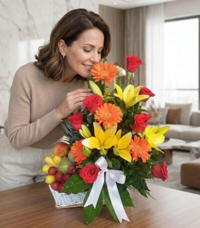 Mujer elegante de mediana edad admirando y oliendo un Arreglo Floral con Frutas Quitana, con rosas rojas, lirios amarillos y