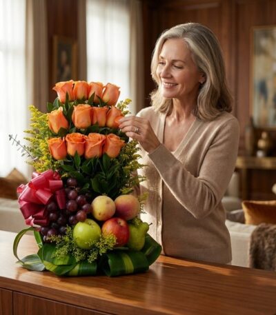 Mujer elegante de mediana edad admirando un arreglo floral con rosas naranjas, uvas, manzanas y peras, en un lujoso interior