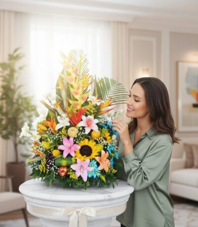 Mujer joven sonriendo y tocando delicadamente un Arreglo Floral con Frutas Tentación, en un lujoso interior de hogar con luz
