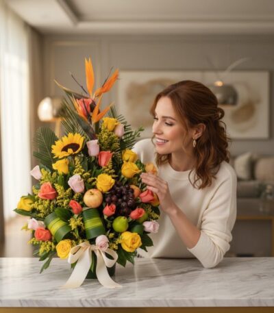 Mujer elegante admirando un arreglo floral con frutas tropicales, girasoles, rosas y aves del paraíso en un interior de lujo.