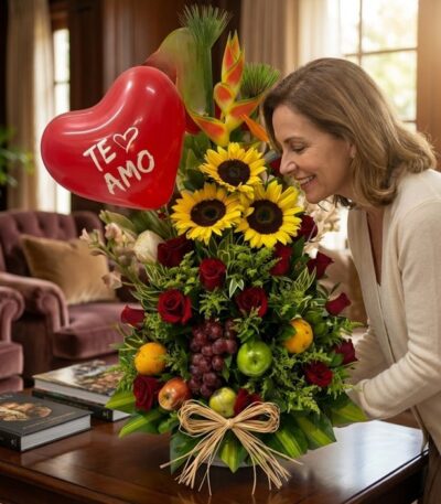 Mujer sonriente admirando un Arreglo Floral con Frutas Trópico, girasoles, rosas rojas y globo de corazón 'Te Amo' en un hoga