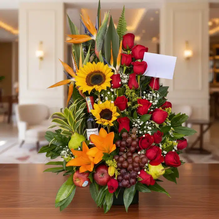 Arreglo Floral con Frutas y Vino: Elegancia para Toda Ocasión Arreglo floral premium con girasoles, rosas rojas, lirios, uvas, manzanas, peras y una botella de vino, sobre una mesa de mad