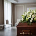 Arreglo floral fúnebre 'Legado Eterno de Tomás' con lirios y rosas blancas sobre un ataúd de madera en una sala de velación m