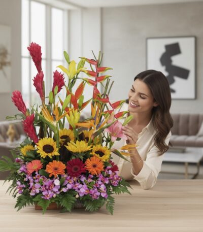 Mujer joven sonriente admirando un arreglo floral exótico GINGER con orquídeas hawaianas, heliconias, girasoles y ginger en u