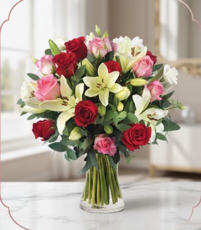 Arreglo floral GIORGIA con rosas rojas, rosas rosadas y lirios blancos en un jarrón de cristal, sobre una mesa de mármol con