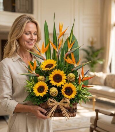 Mujer sonriente sosteniendo un arreglo floral de girasoles, aves del paraíso y follaje verde en una cesta de mimbre con un la