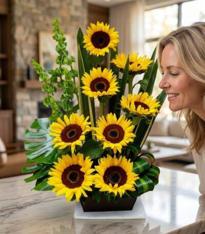 Mujer rubia de mediana edad sonriendo y admirando de cerca un arreglo floral de girasoles Bengala en un interior de hogar luj