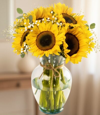 Arreglo floral de girasoles vibrantes en un jarrón de cristal transparente con lazo de yute, sobre un fondo elegante y suavem