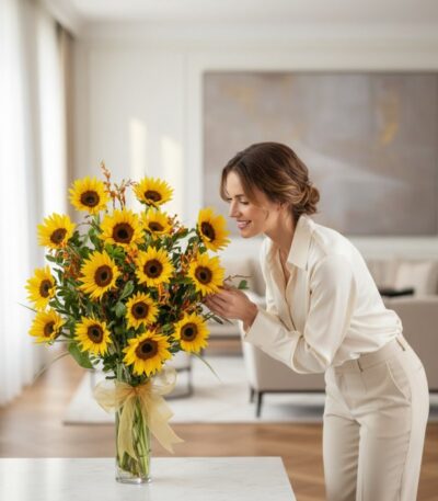 Mujer elegante y natural admirando con deleite un gran arreglo floral de girasoles LENU en un jarrón de cristal con lazo dora