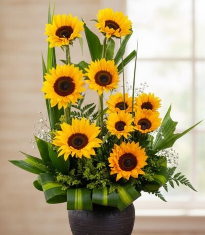 Arreglo floral GIULIANA con girasoles radiantes en un jarrón oscuro, ideal para ecommerce de floristería, con fondo elegante