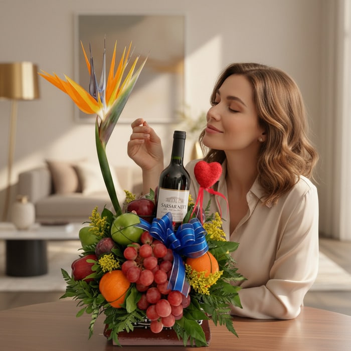 Mujer elegante admira Arreglo Floral Gourmet ITALINA con vino tinto, uvas, manzanas, naranjas y ave del paraíso en un hogar d