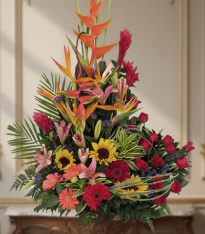 Arreglo floral IDARA con rosas rojas, girasoles, lirios, heliconias y jengibre rojo en un fondo elegante y bien iluminado.