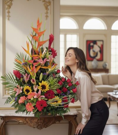 Mujer elegante admirando con deleite el Arreglo Floral IDARA, un diseño exclusivo con rosas y flores exóticas en un lujoso in