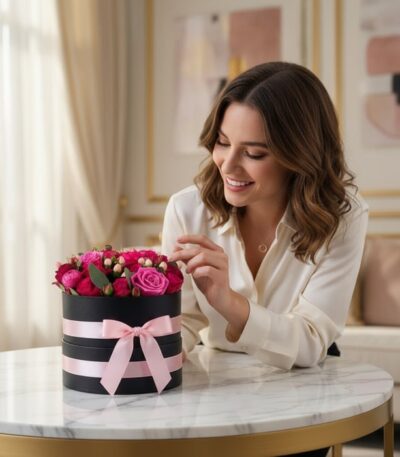Mujer elegante admira Arreglo Floral LILIAN con rosas lila y rojas en caja negra con moño rosa, sobre mesa de mármol en inter