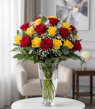 Arreglo floral LORENZA con 24 rosas rojas y amarillas en un jarrón de cristal, sobre una mesa blanca con fondo elegante y luz