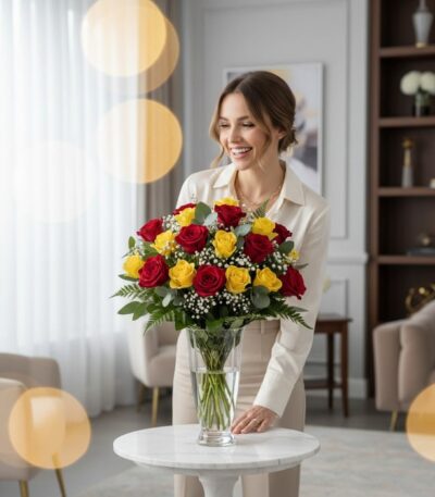Mujer sonriente admirando el Arreglo Floral LORENZA con 24 rosas rojas y amarillas en un jarrón de cristal, sobre una mesa de