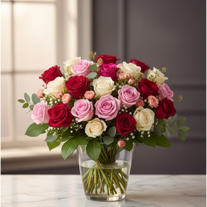 Arreglo floral LUCREZIA con 30 rosas en tonos románticos (rojas, rosas y blancas) en un jarrón de cristal, sobre una mesa de