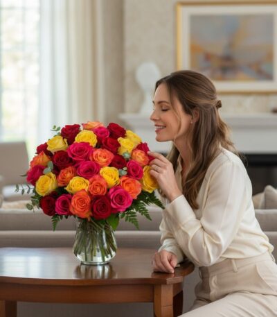 Mujer joven y elegante admirando y oliendo un Arreglo Floral MARIELLA con 36 rosas frescas multicolor (rojas, amarillas, nara