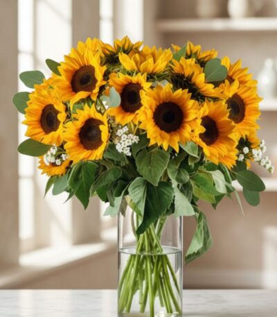 Arreglo floral MARTINA con 21 girasoles vibrantes y hojas de eucalipto en un jarrón de cristal, sobre una mesa de mármol con