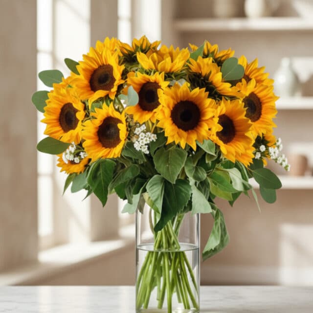 Arreglo floral MARTINA con 21 girasoles vibrantes y hojas de eucalipto en un jarrón de cristal, sobre una mesa de mármol con