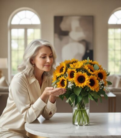 Mujer elegante de cabello plateado admira con deleite un arreglo floral de 21 girasoles en un jarrón de cristal, en un lujoso