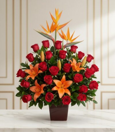 Arreglo floral 'Me Encantas' con lirios naranjas, rosas rojas y aves del paraíso, sobre una mesa de mármol en un entorno eleg