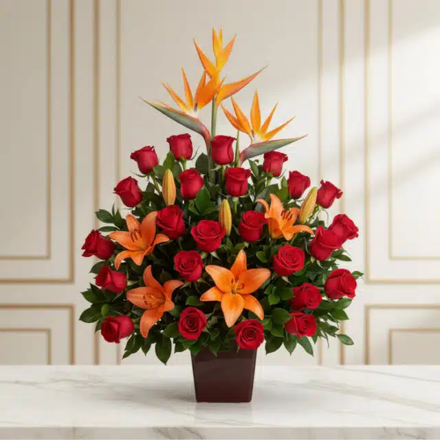 Arreglo floral 'Me Encantas' con lirios naranjas, rosas rojas y aves del paraíso, sobre una mesa de mármol en un entorno eleg
