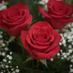 Primer plano extremo de tres rosas rojas vibrantes con gotas de rocío, rodeadas de pequeñas flores blancas y follaje verde, b
