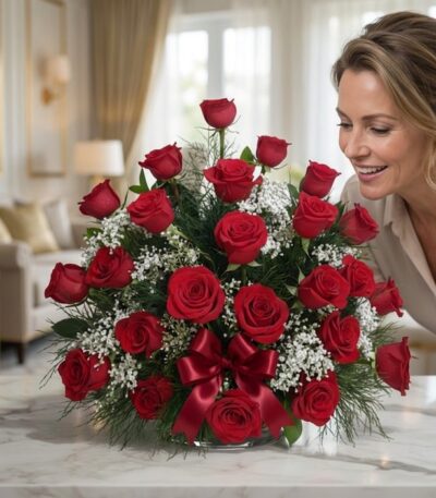 Mujer elegante admirando con deleite un arreglo floral de rosas rojas, follaje verde y flores blancas, con un moño rojo, en u