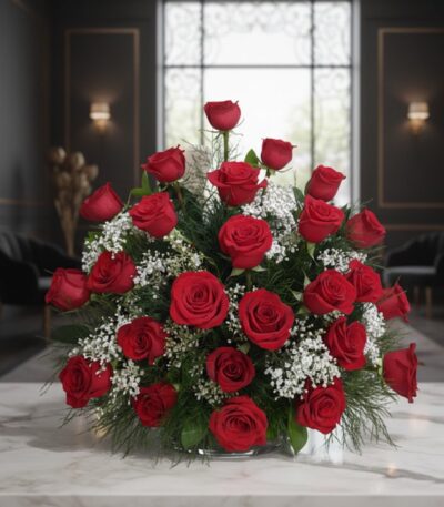 Arreglo floral 'Me Tienes Loco' con rosas rojas frescas y follaje verde, sobre una mesa de mármol en un elegante lobby de hot