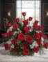 Arreglo floral 'Me Tienes Loco' con rosas rojas frescas y follaje verde, sobre una mesa de mármol en un elegante lobby de hot