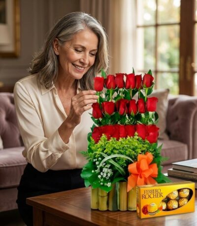Mujer elegante de mediana edad admirando el Arreglo Floral Musca con rosas rojas y follaje verde, junto a una caja de chocola